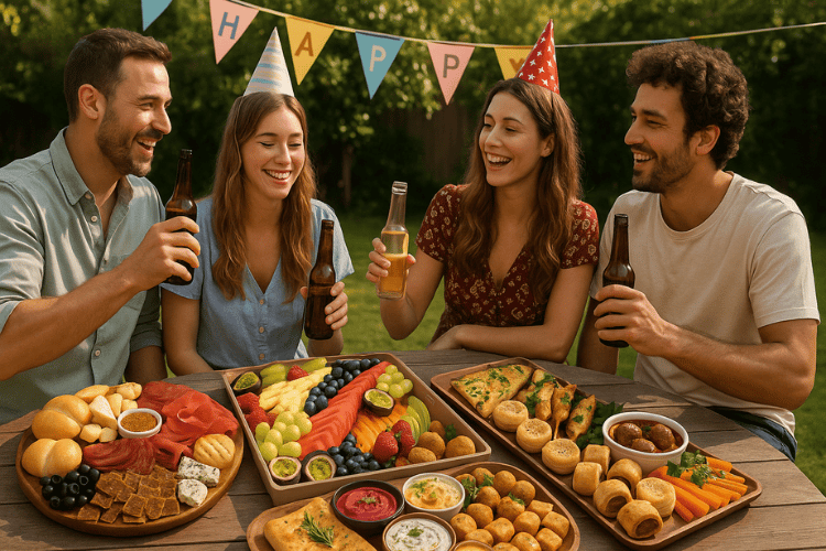Four friends enjoying a picnic with food and drinks on a sunny day with several catering platters including fruit platter, mixed hot lunch platter, antipasti platter, and dip platter