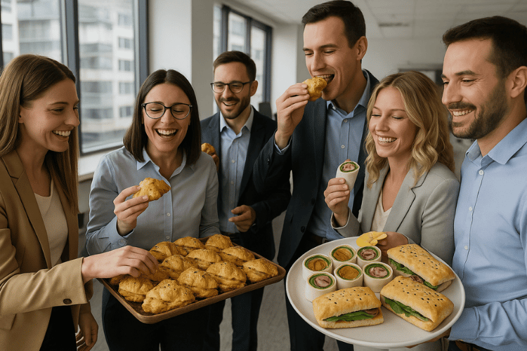 A group of five smiling colleagues in a bright office setting, gathered around trays of food. One person holds a large tray of croissant sandwich platter, while another holds a white platter with gourmet sandwich and wrap platter