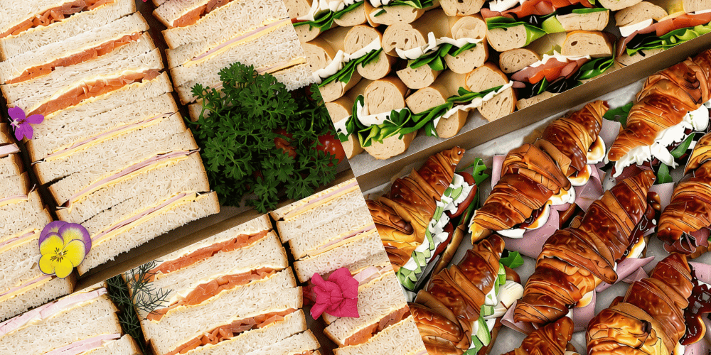 Sandwich platters including traditional sandwiches, bagel sandwiches, croissant sandwiches, savoury croissant sandwiches, and gourmet sandwich and wrap platters